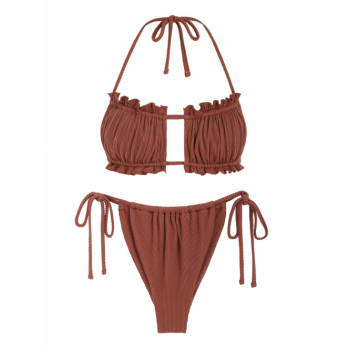 Multiway Frilled Textured String Tanga Bikini Set M Coffee