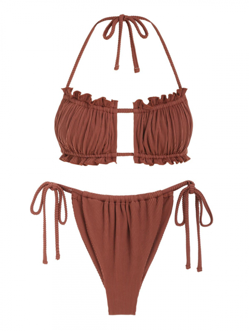 Multiway Frilled Textured String Tanga Bikini Set M Coffee