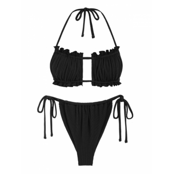 Multiway Frilled Textured String Tanga Bikini Set M Black