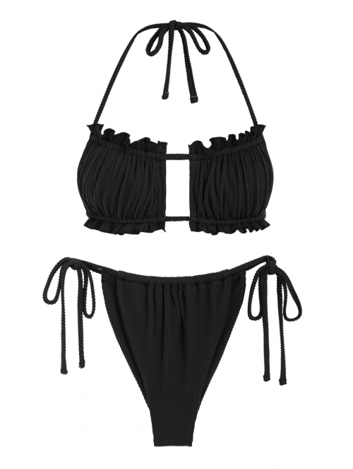 Multiway Frilled Textured String Tanga Bikini Set M Black