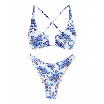 ZAFUL Floral U-wire Criss Cross Lace Up High Cut Bikini Swimwear M Blue