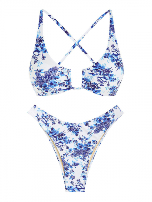 ZAFUL Floral U-wire Criss Cross Lace Up High Cut Bikini Swimwear M Blue