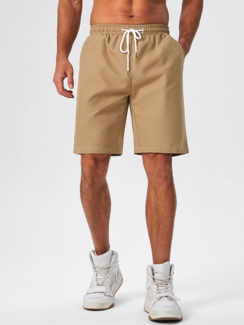 Solid Color Basic Casual Shorts L Goldenrod