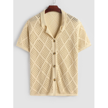 ZAFUL Men's ZAFUL Lapel Collar Solid Color Rhombus Openwork Short Sleeves Knitted Top L Light coffee