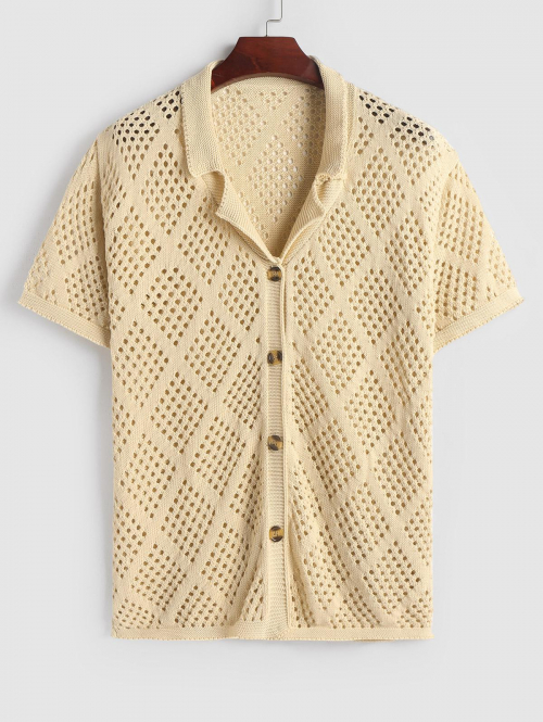 ZAFUL Men's ZAFUL Lapel Collar Solid Color Rhombus Openwork Short Sleeves Knitted Top L Light coffee