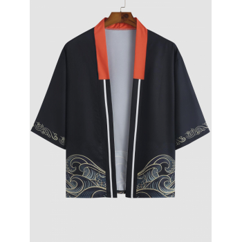 ZAFUL Men's Sea Waves Print Colorblock Collar Casual Kimono L Black