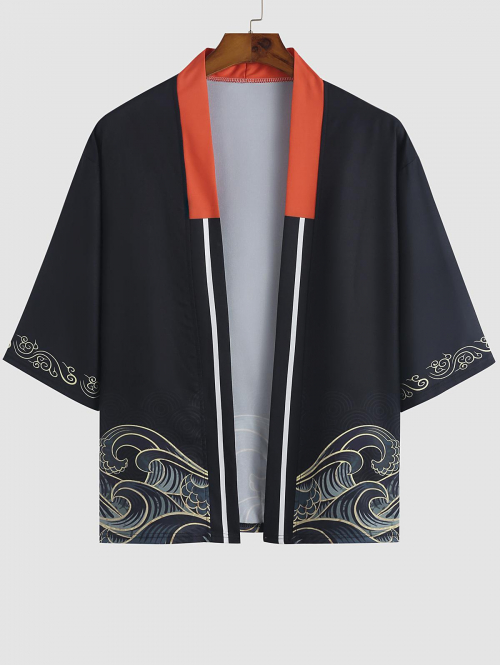 ZAFUL Men's Sea Waves Print Colorblock Collar Casual Kimono L Black