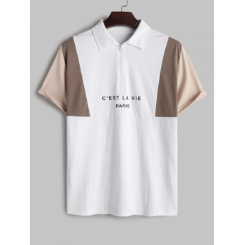 ZAFUL Men's ZAFUL C'EST LA VIE PARIS Letter Colorblock Quarter Zip Short Sleeves Polo Collared T Shirt L Light coffee