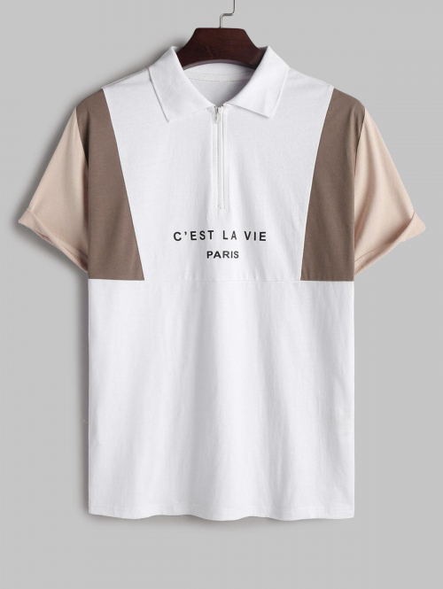 ZAFUL Men's ZAFUL C'EST LA VIE PARIS Letter Colorblock Quarter Zip Short Sleeves Polo Collared T Shirt L Light coffee