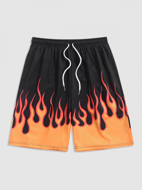 ZAFUL Men's Flame Fire Printed Drawstring Board Shorts M Black