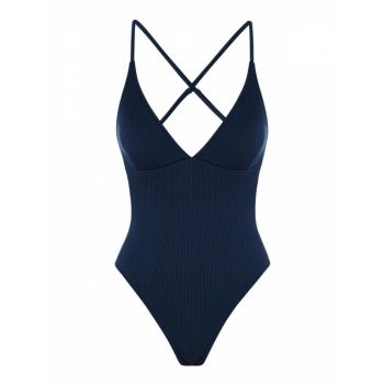 ZAFUL Criss Cross Back Cut Out Textured One-piece Swimsuit M Deep blue