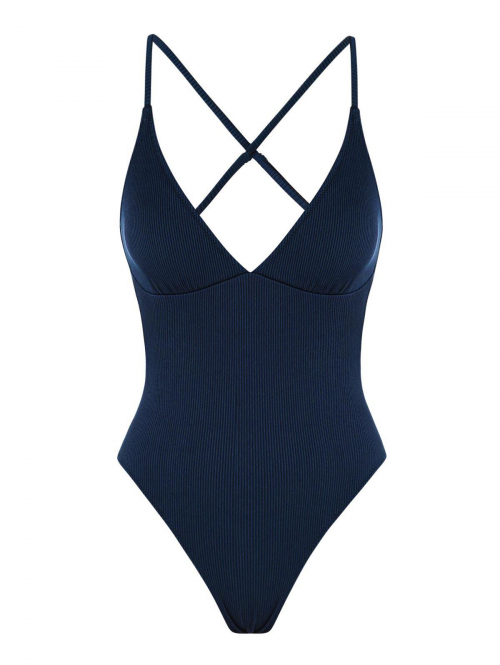 ZAFUL Criss Cross Back Cut Out Textured One-piece Swimsuit M Deep blue