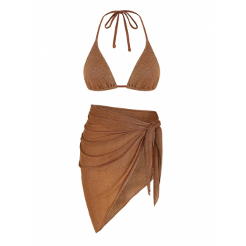 Women Three-Pieces Triangle String Bikini With Semi Sheer Sarong Skirt Sparkly Metallic 3PC Swimwear Coffee