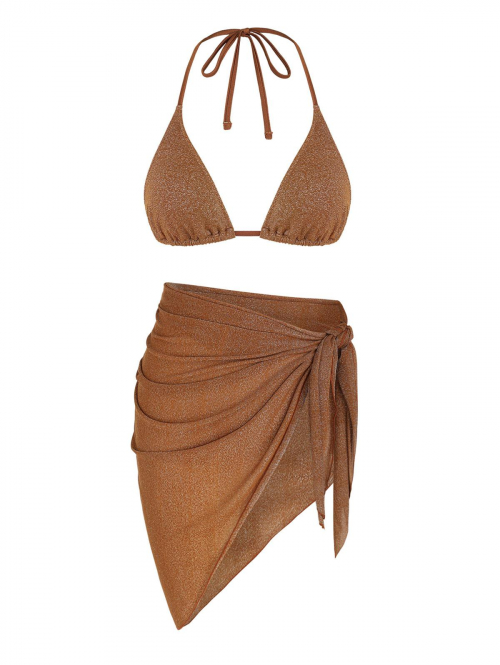 Women Three-Pieces Triangle String Bikini With Semi Sheer Sarong Skirt Sparkly Metallic 3PC Swimwear Coffee