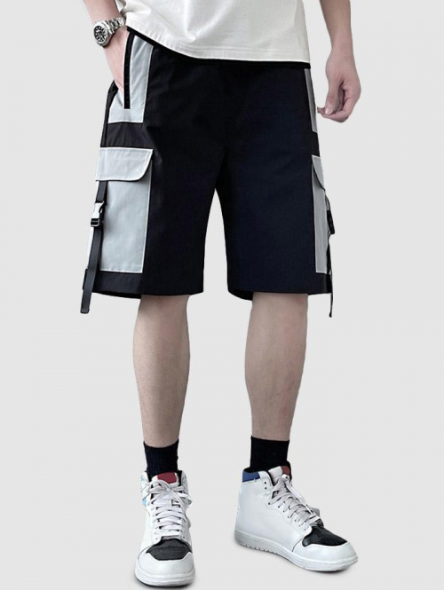 Push Buckle Straps Multi Pocket Drawstring Cargo Shorts M Black