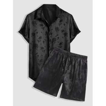 ZAFUL Men's Men's Jacquard Silky Satin Floral Print Rose Pattern Button Front Short Sleeve Shirt And Shorts Set Black