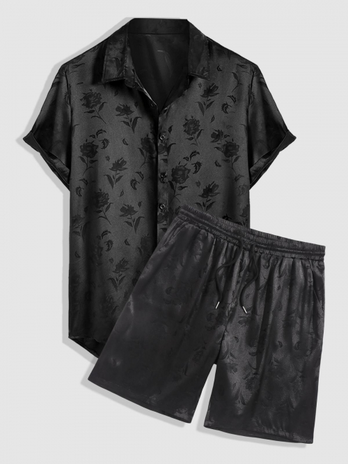 ZAFUL Men's Men's Jacquard Silky Satin Floral Print Rose Pattern Button Front Short Sleeve Shirt And Shorts Set Black