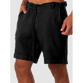 Solid Color Cotton and Linen Textured Cuffed Shorts M Black