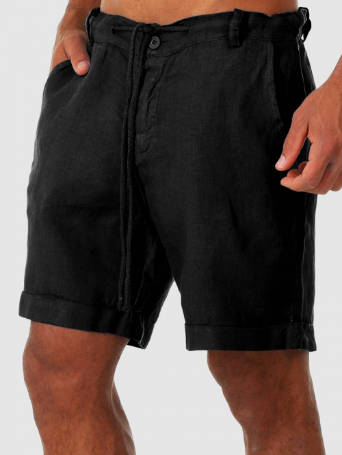 Solid Color Cotton and Linen Textured Cuffed Shorts M Black