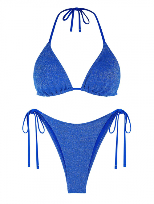 Tie Side Sparkly Metallic Thread Triangle Bikini Swimwear M Blue