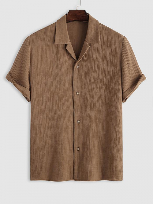 ZAFUL Men's ZAFUL Cotton and Linen Textured Wrinkle Short Sleeves Shirt L Coffee