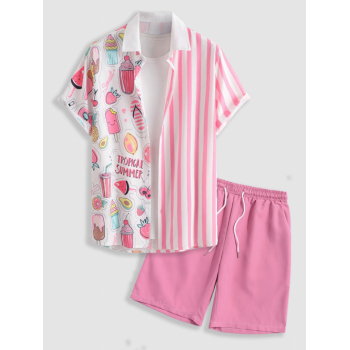 ZAFUL Men's Striped and Cartoon Ice Cream Graphic Pattern Short Sleeves Shirt with Basic Shorts Set Light pink