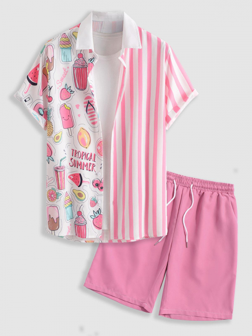 ZAFUL Men's Striped and Cartoon Ice Cream Graphic Pattern Short Sleeves Shirt with Basic Shorts Set Light pink