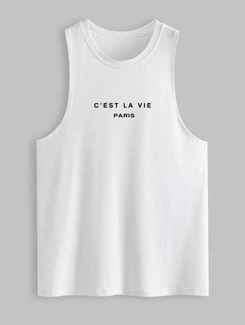 ZAFUL Men's C'EST LA VIE PARIS Print Racerback Tank Top M White