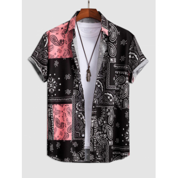 ZAFUL Men's Men's Ethnic Style Paisley Floral Print Pattern Block Retro Casual Short Sleeves Shirt L Black