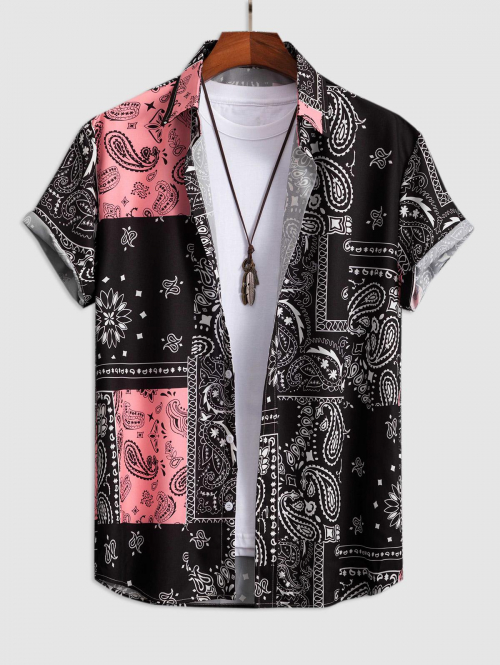 ZAFUL Men's Men's Ethnic Style Paisley Floral Print Pattern Block Retro Casual Short Sleeves Shirt L Black