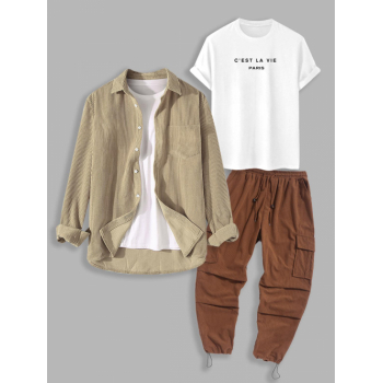 ZAFUL Men's 3Pcs C'EST LA VIE Letter Printed T-shirt and Corduroy Shirt and Wide Leg Pants Set Coffee