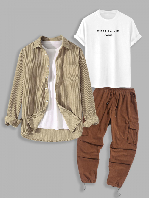 ZAFUL Men's 3Pcs C'EST LA VIE Letter Printed T-shirt and Corduroy Shirt and Wide Leg Pants Set Coffee