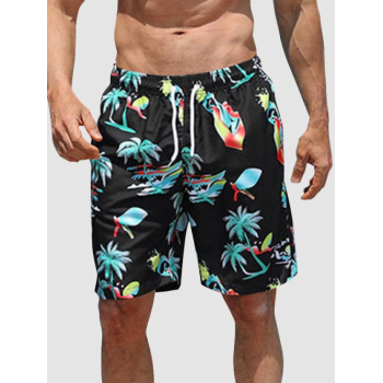 ZAFUL Men's Palm Tropical Print Drawstring Pocket Beach Shorts L Black