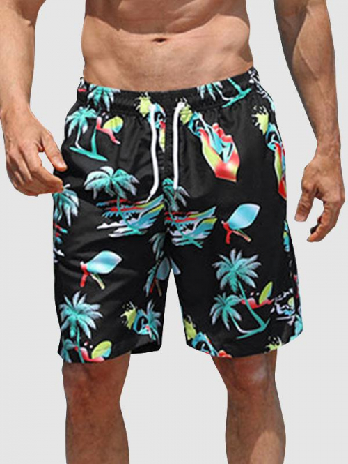 ZAFUL Men's Palm Tropical Print Drawstring Pocket Beach Shorts L Black