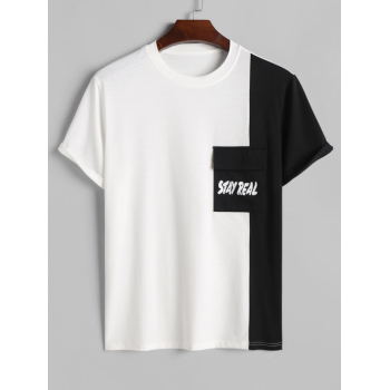 ZAFUL Men's ZAFUL Colorblock STAY REAL Letter Printed Flap Pocket Design Tee S White