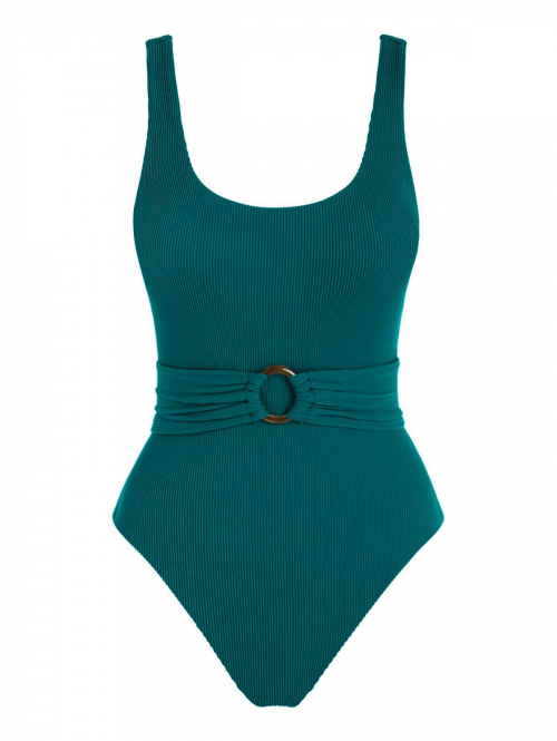 ZAFUL Textured O Ring Belted One-piece Swimsuit M Deep green