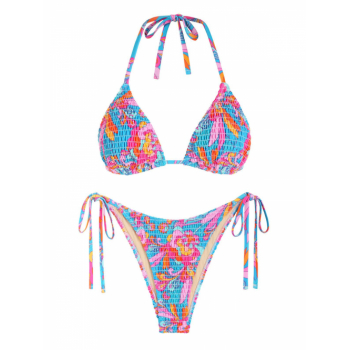 ZAFUL Tie Side Floral Smocked Shirred Triangle Bikini Swimwear M Multi a