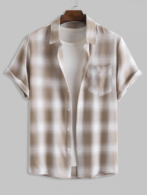 ZAFUL Men's ZAFUL Plaid Pattern Front Pocket Design Short Sleeves Shirt M Coffee