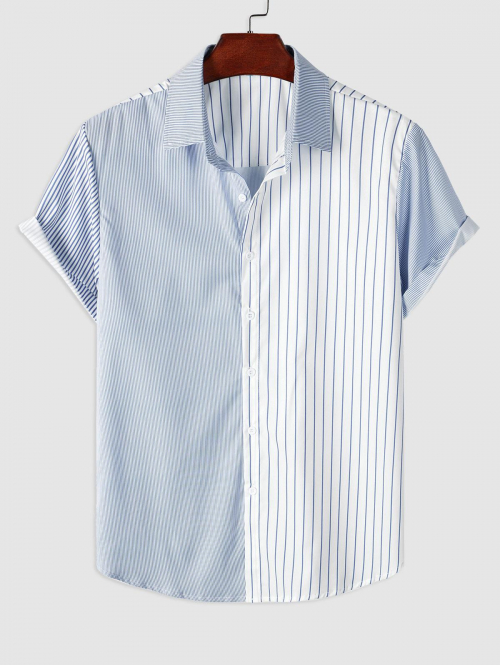 ZAFUL Men's Half and Half Striped Pattern Short Sleeves Shirt M Light blue