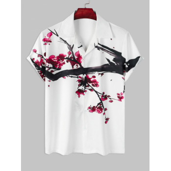 ZAFUL Men's Plum Blossom Flowers Pattern Short Sleeves Shirt M White