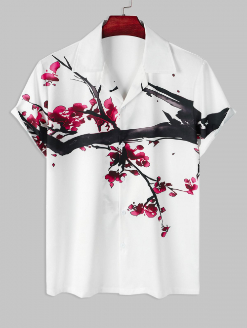 ZAFUL Men's Plum Blossom Flowers Pattern Short Sleeves Shirt M White