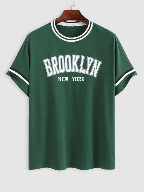 ZAFUL Men's ZAFUL BROOKLYN NEW YORK Striped Printed Short Sleeves T-shirt L Deep green