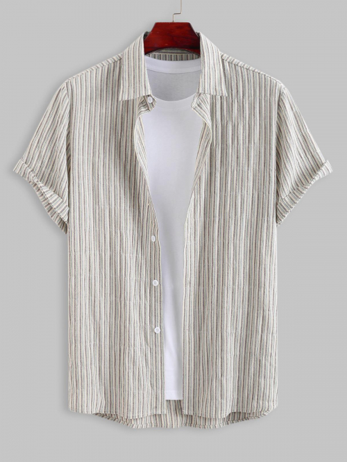 ZAFUL Men's ZAFUL Striped Pattern Cotton and Linen Textured Short Sleeves Shirt Xxl Light coffee