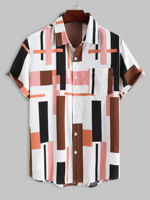 ZAFUL Men's ZAFUL Colorblock Geometric Pattern Short Sleeves Shirt S Coffee