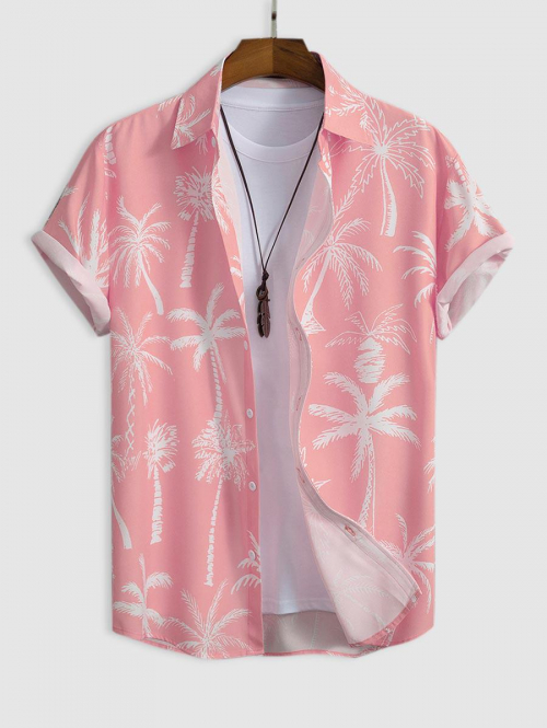 ZAFUL Men's Short Sleeves Palm Tropical Print Beach Vacation Shirt M Light pink