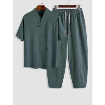 ZAFUL Men's Vintage Style Cotton and Linen Textured Short Sleeves Popover Shirt and Pants Set M Dark green