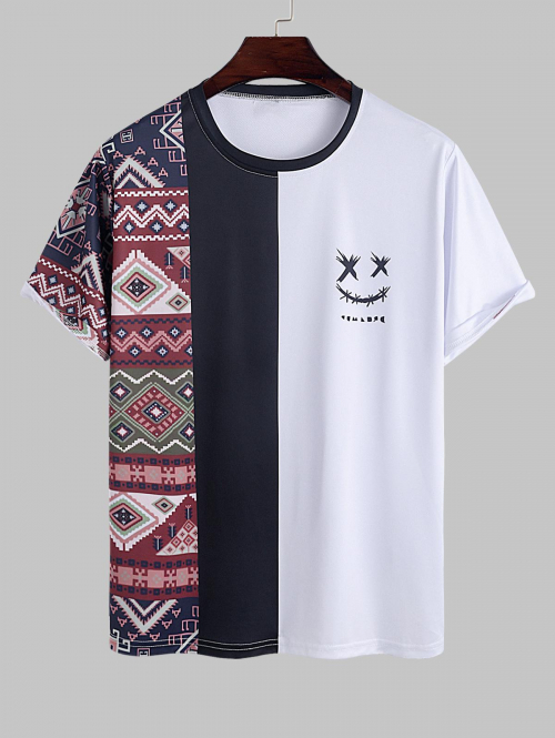 ZAFUL Men's Ethnic Aztec Printed Colorblock Short Sleeves T-shirt Xl White