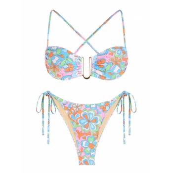 ZAFUL Tie Side Floral Criss Cross U-wire Metal Hardware Bikini Swimwear M Multi a