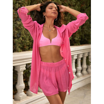 Women Beach Pocket Longline Beach Shirt with Pull On Shorts Set L Light pink