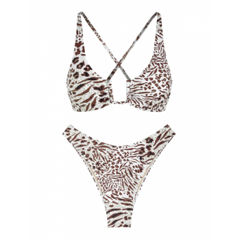 ZAFUL U-wire Criss Cross Animal Print Lace Up High Leg Bikini Swimwear S Coffee